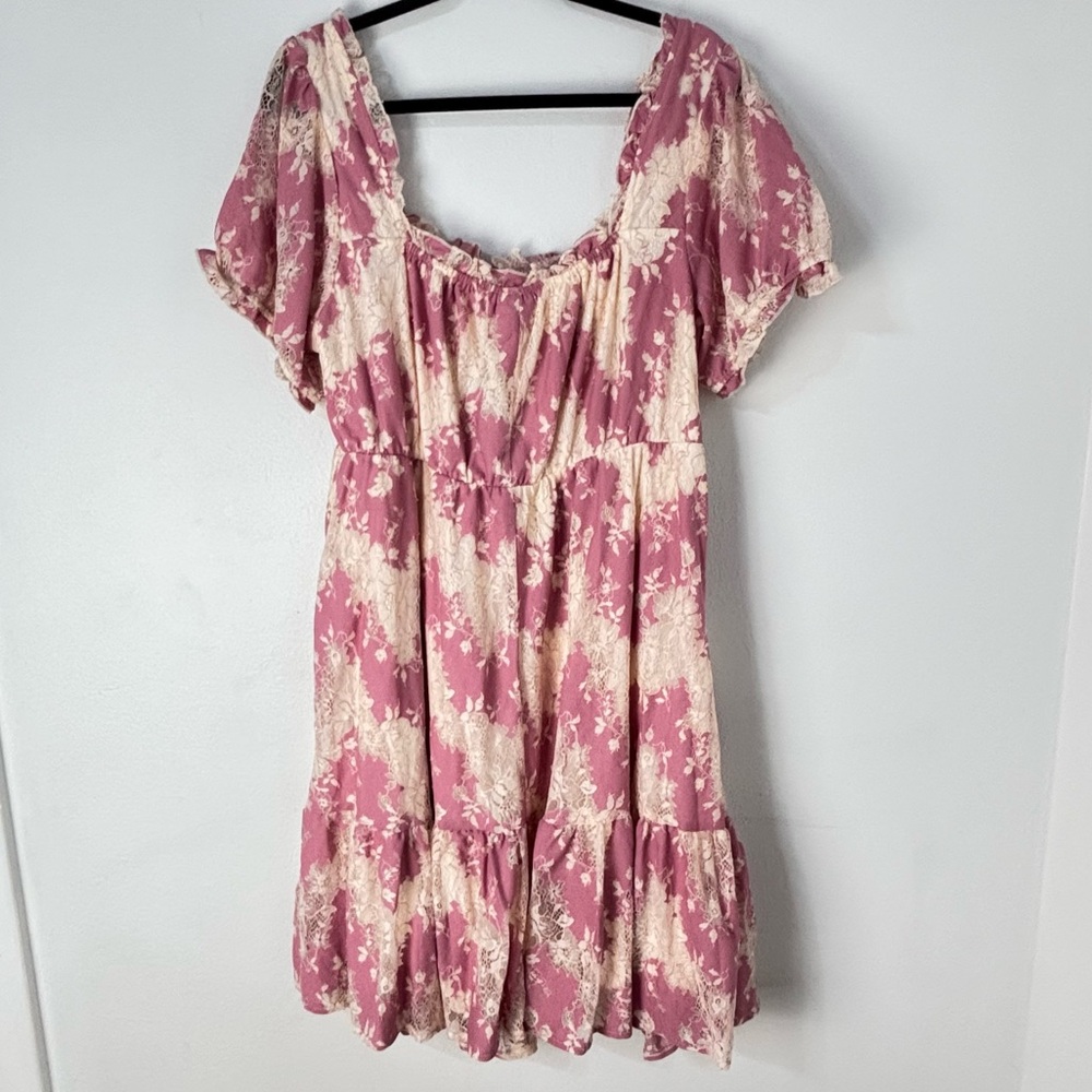 Torrid 1 Pink Cream Abstract Lace Mini Dress Babydoll Tiered Cottagecore Casual - Picture 2 of 14